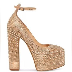 Steve Madden Skyrise Rhinestone Block Heel Ankle Strap Almond Toe Fashion Pumps